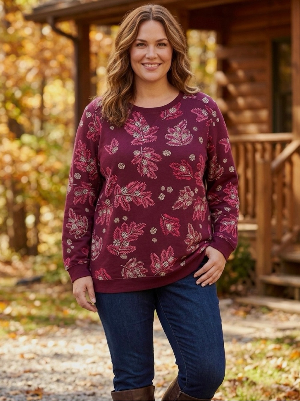 Women's Plus Burgundy Floral Sweatshirt